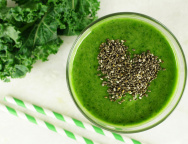 Green kale smoothie with chia seeds heart