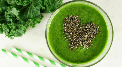 Green kale smoothie with chia seeds heart